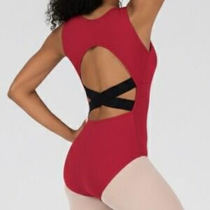 CL Theatricals Classwear Red Black Keyhole Dance Leotard Sleeveless Open X Back